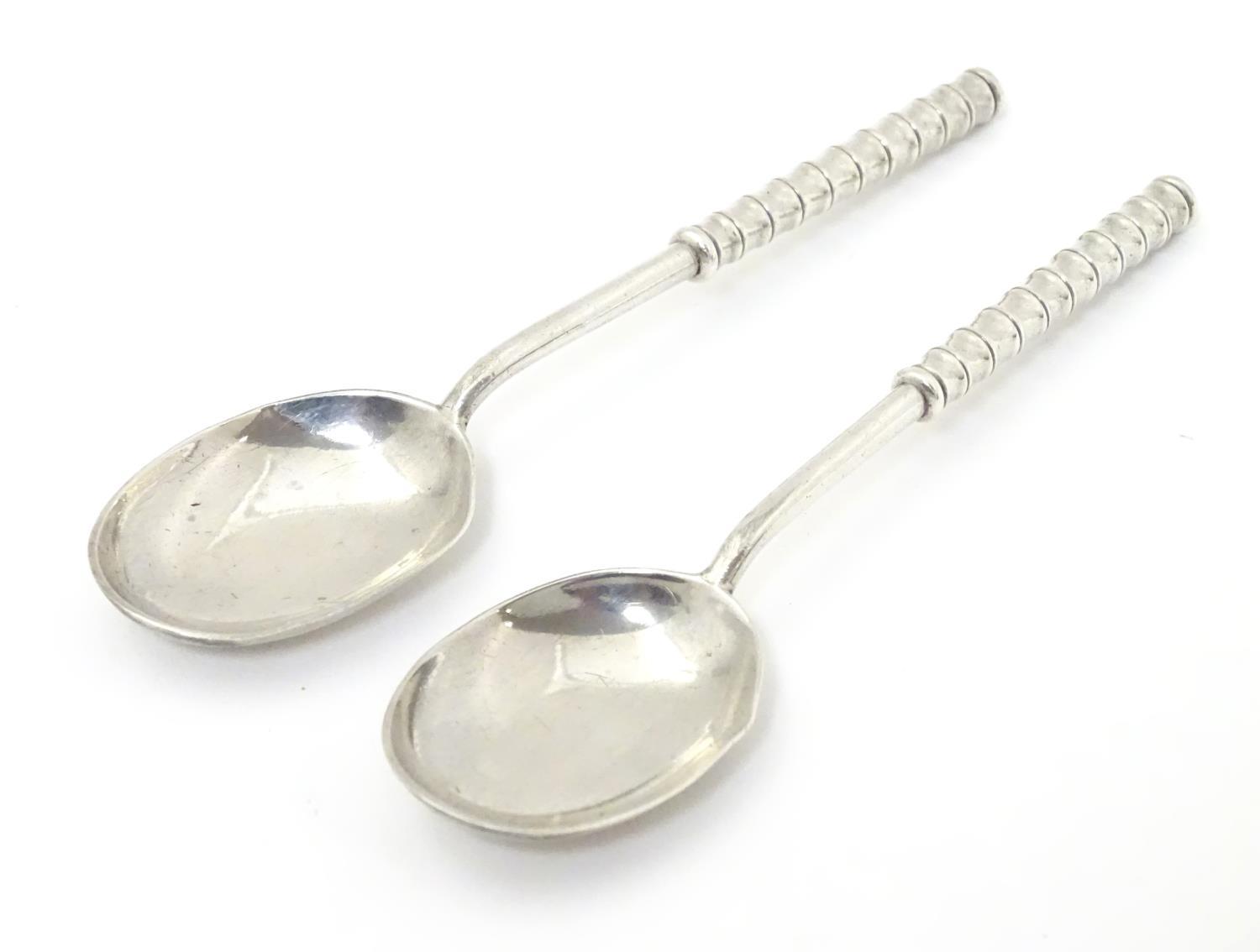 A pair of Victorian Scottish silver teaspoons with unusual handles with stylised bamboo detail, - Image 3 of 6