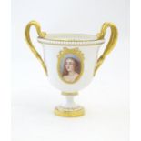 A Royal Worcester twin handled pedestal vase with gilt highlights and an oval portrait of a woman,