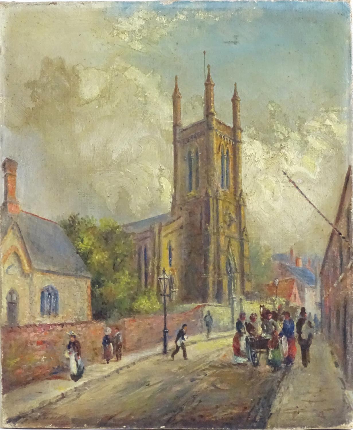 19th century, Oil on canvas, A street scene with a view of St Andrew's Church from Bell Barn Street, - Image 3 of 4