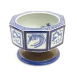 A Chinese blue and white octagonal pedestal bowl with panelled phoenix and dragon decoration. The