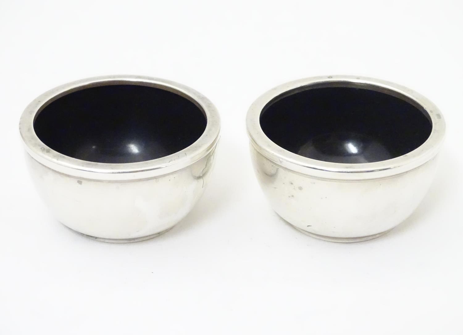 A pair of Art Deco silver salts with Bakelite liners. Hallmarked Birmingham 1932 maker Joseph