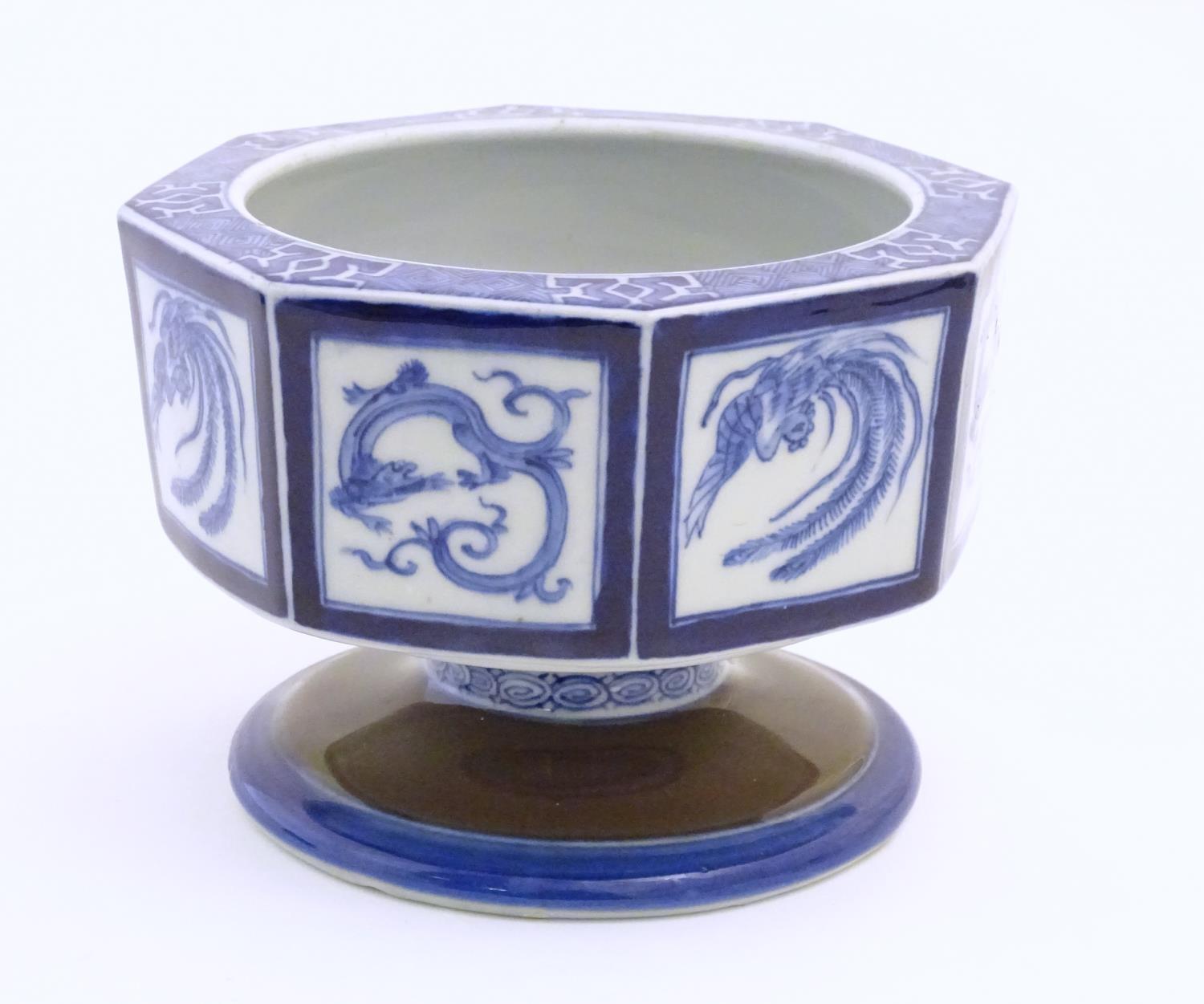 A Chinese blue and white octagonal pedestal bowl with panelled phoenix and dragon decoration. The - Image 6 of 8