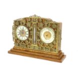 Clock: a late 19thC French compendium clock, thermometer & barometer, the golden oak plinth with