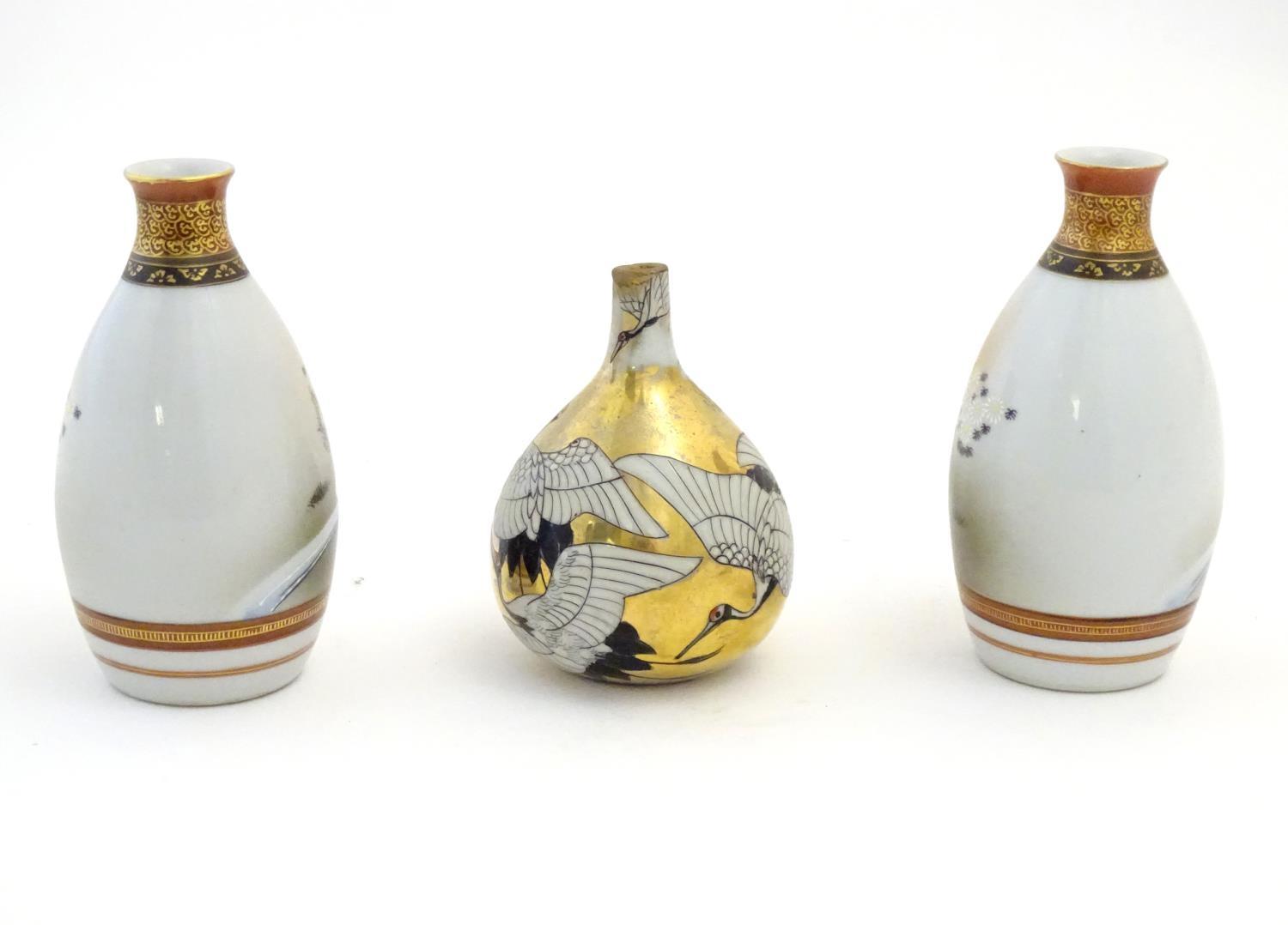 Three Japanese vases, comprising a pair decorated with a landscape scene with quail birds and - Image 5 of 11