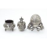 Chinese export silver: A white metal salt formed as a stylised censer with dragon detail, marked