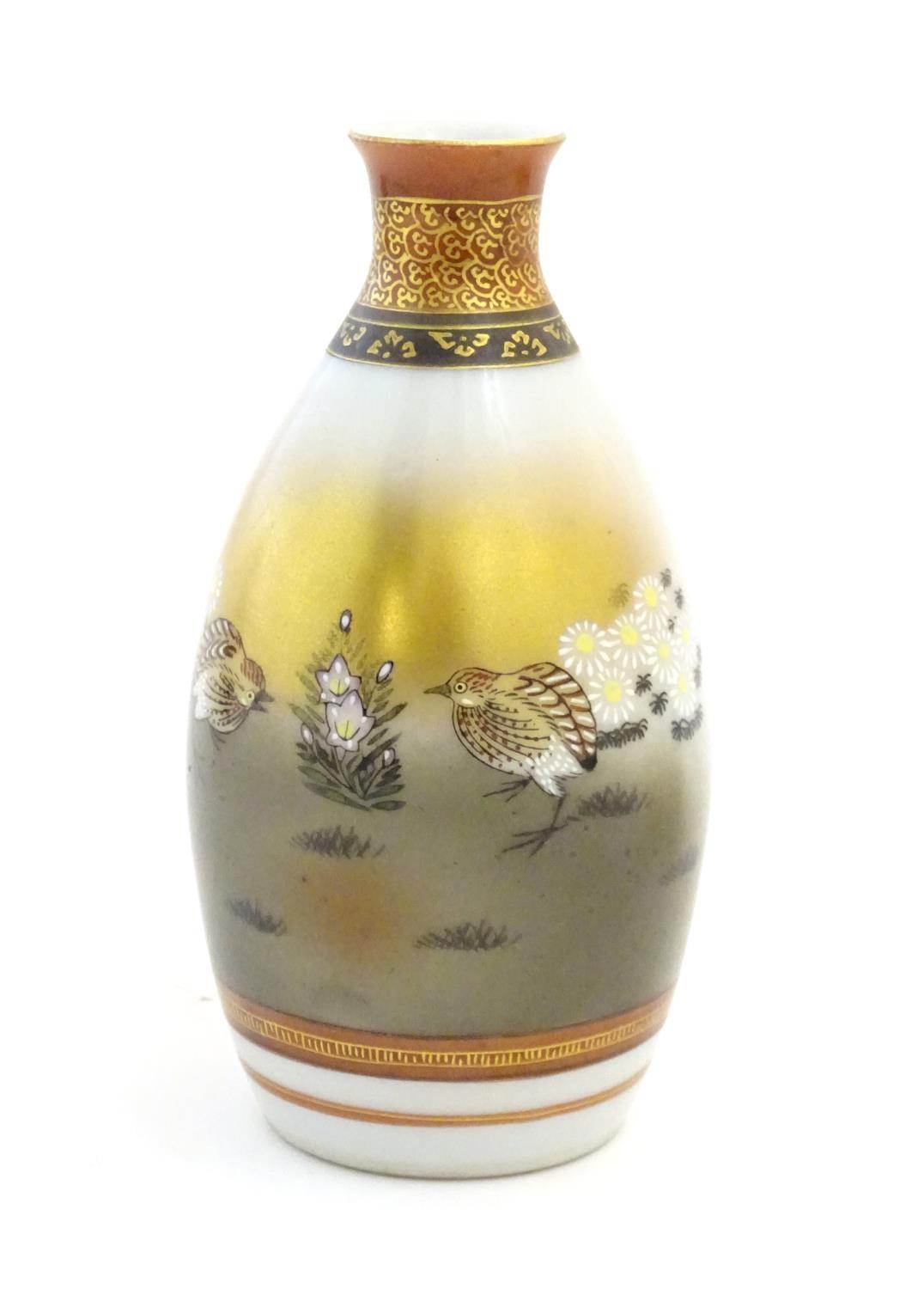 Three Japanese vases, comprising a pair decorated with a landscape scene with quail birds and - Image 11 of 11