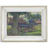 20th century, English School, Oil on canvas, A farm cart in an orchard with chickens. Approx. 11 1/