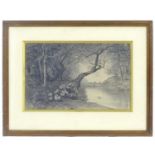 Joseph Hoger, 19th century, Pencil drawing, Figures in a wooded river landscape. Ascribed verso.