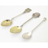 3 silver teaspoons spoons, one with handle surmounted by crest for Scarborough, hallmarked