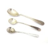 Two small silver salt spoon, together with a small silver mustard spoon, of various ages and makers.
