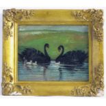 20th century, English School, Oil on board, Two Australian black swans with their young. Approx. 5