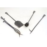 Four blacksmith made wrought iron fire tools, comprising poker, brush, tongs and shovel. Approx. 26"
