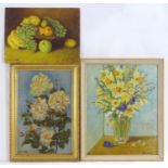 Sylvia Russell, 20th century, Oil on board, Three still life studies, to include Spring flowers in a