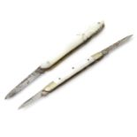 Two mother of pearl handled folding fruit knives, one with twin blade. Largest 2 3/4" (closed) (2)