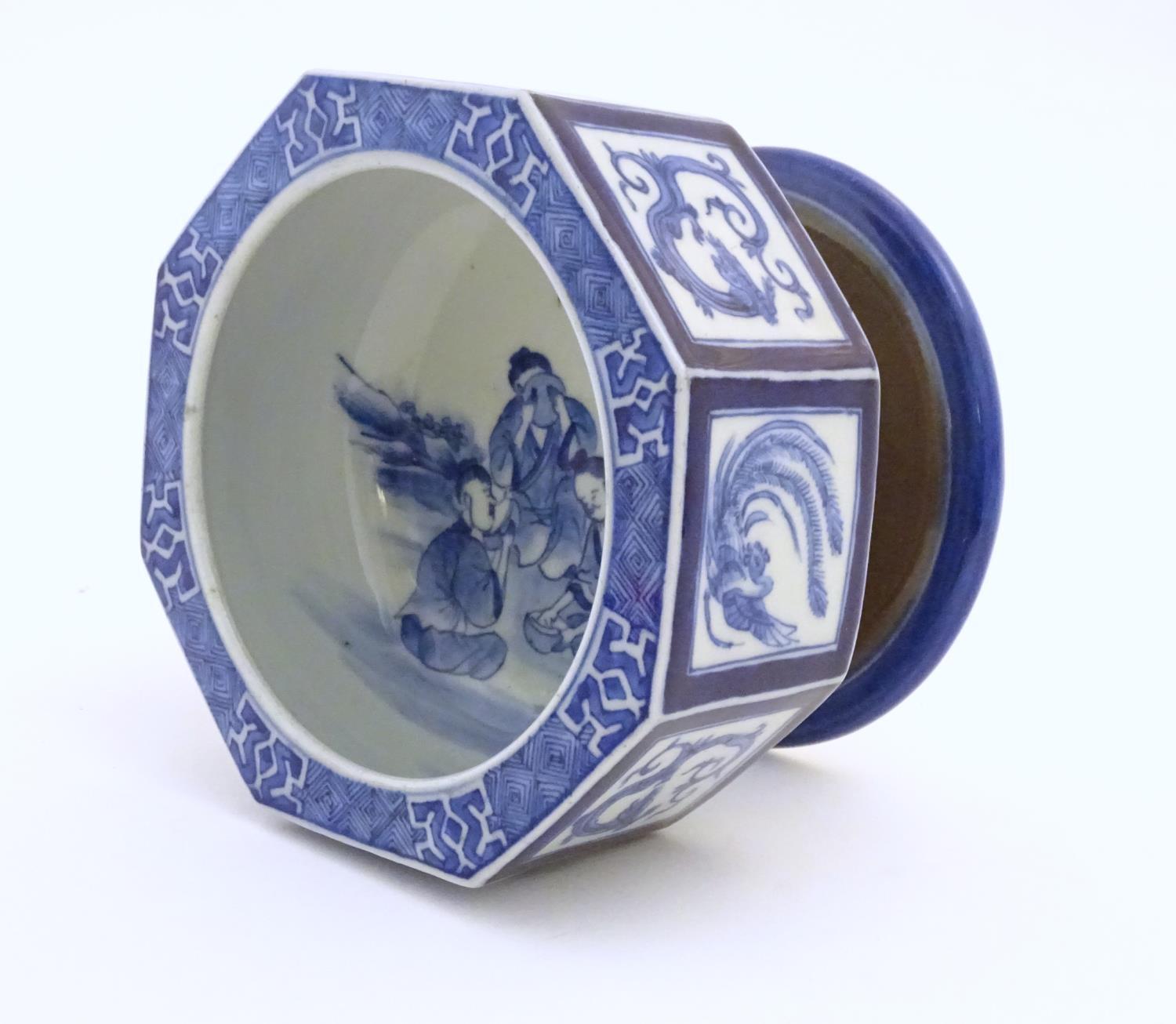 A Chinese blue and white octagonal pedestal bowl with panelled phoenix and dragon decoration. The - Image 7 of 8