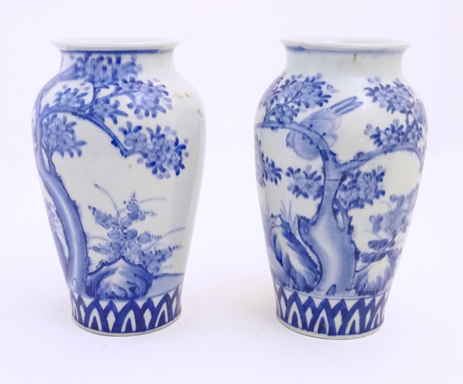 Two Chinese blue and white vases decorated with landscape scene with birds and trees. Approx. 9 3/4" - Image 3 of 6