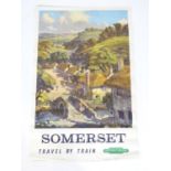 A British Railways poster, Somerset, Travel by Train. Depicting a West Country landscape, after a