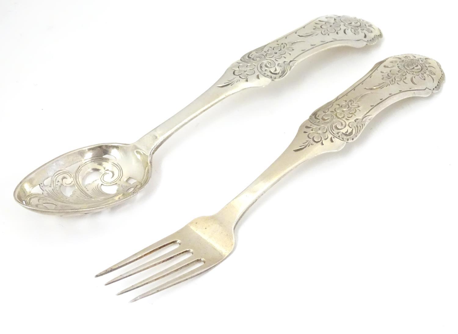 A 19thC Dutch silver spoon with pierced detail to bowl and fork with engraved decoration to handles. - Image 2 of 6