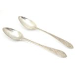 Two Geo III Scottish Celtic point teaspoons with bright cut decoration 5 1/4" long Please Note -