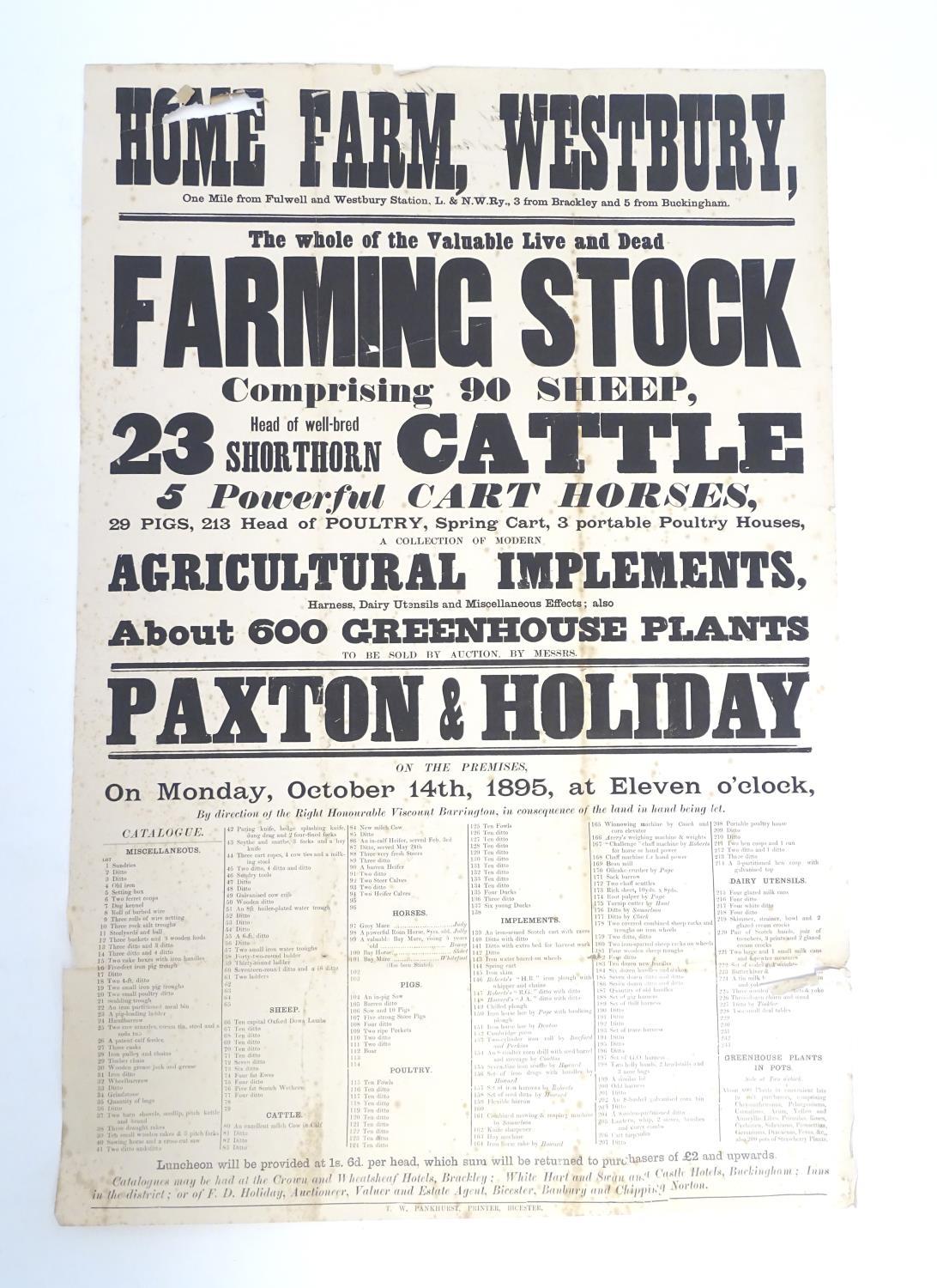 Local interest: a Victorian auction advertising poster, Home Farm, Westbury Bucks: farming stock,