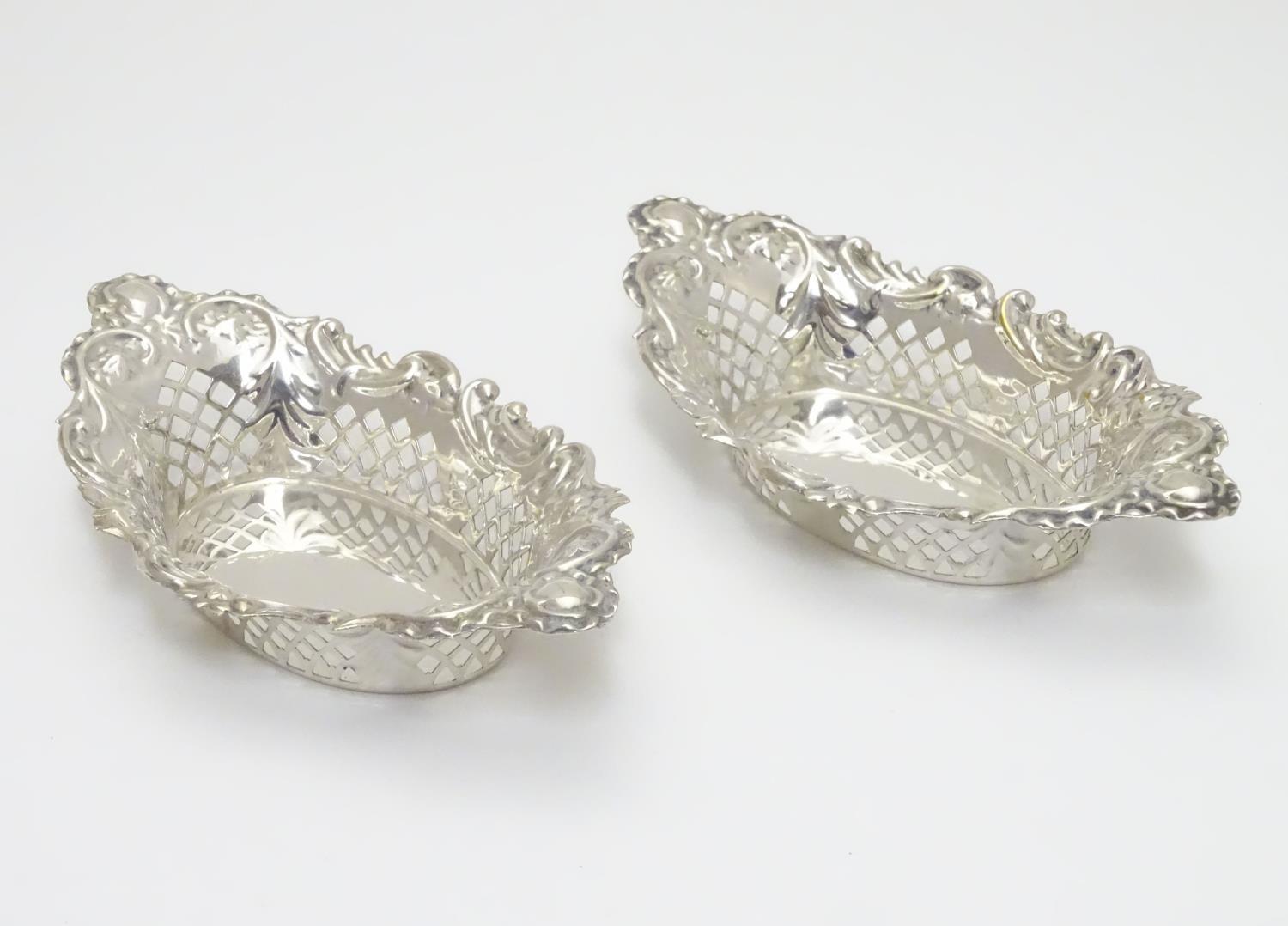 A pair of silver plate bon bon dishes with pierced decoration. Approx. 6" long (2) Please Note - - Image 3 of 5