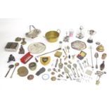 A quantity of assorted brass and silver plate items to include, trophy cups, salvers, cruets,