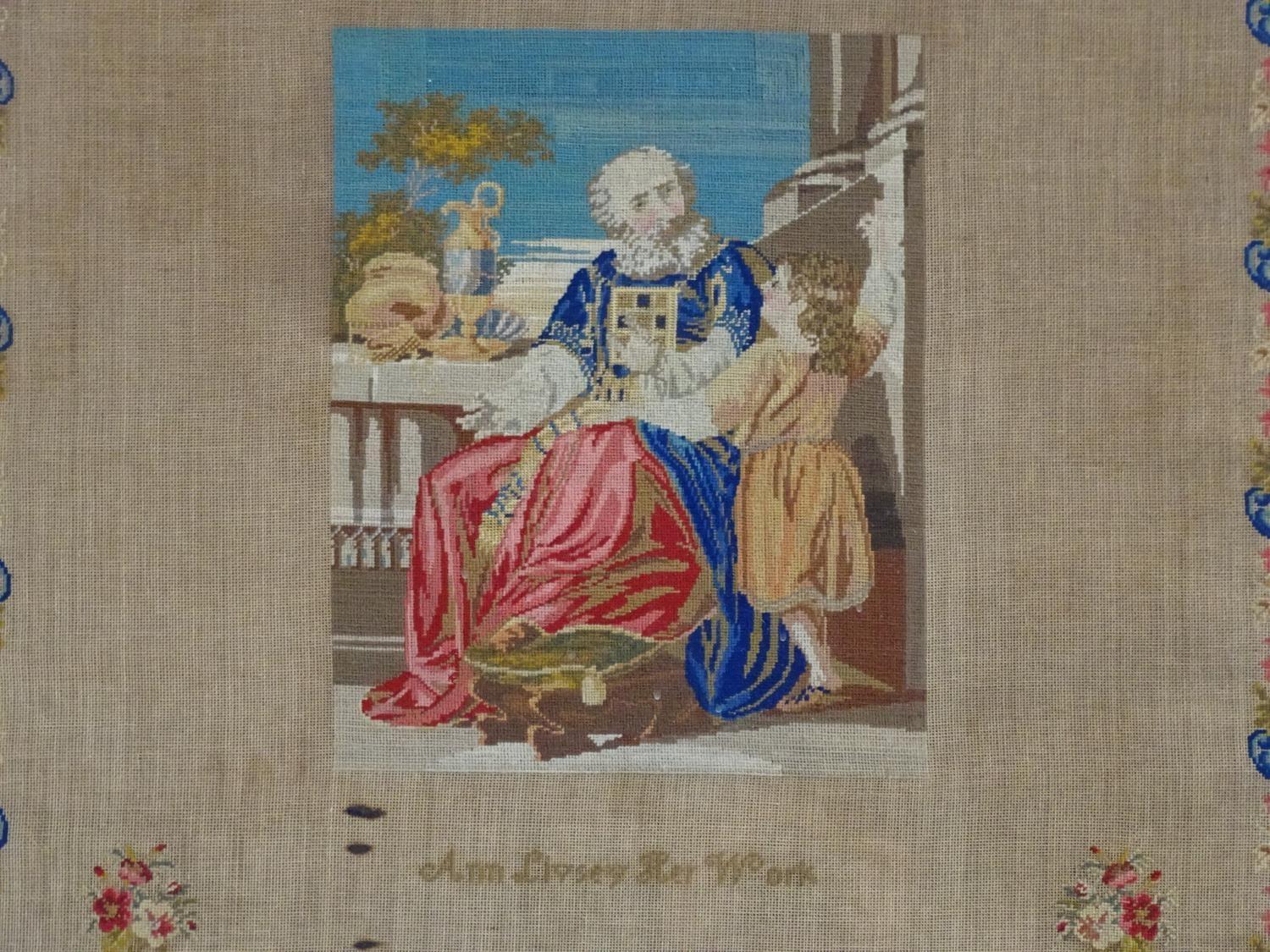 An early 20thC needlework / embroidery / tapestry sampler depicting a philosopher and student in a - Image 3 of 3
