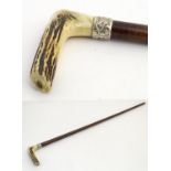 A 19thC snakewood walking stick with antler handle, tapered shank, brass ferrule and silver