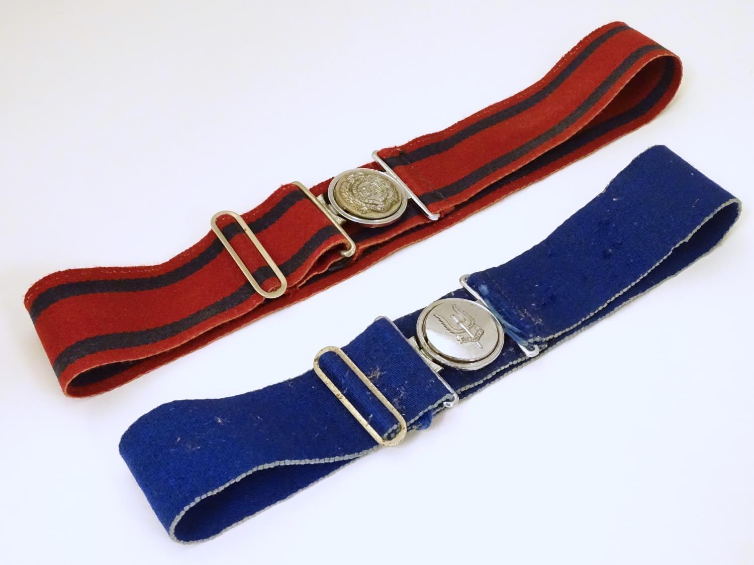 Militaria: two mid to late 20thC British Army dress uniform belts, each with regimental coloured