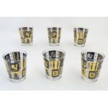 A set of 6 20thC drinking glasses gilt and black decoration. 4 1/2" high Please Note - we do not