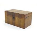 A 19thC wooden box with striped veneers to top and front. Approx. 4 1/4" x 8" x 4 1/4" Please Note -