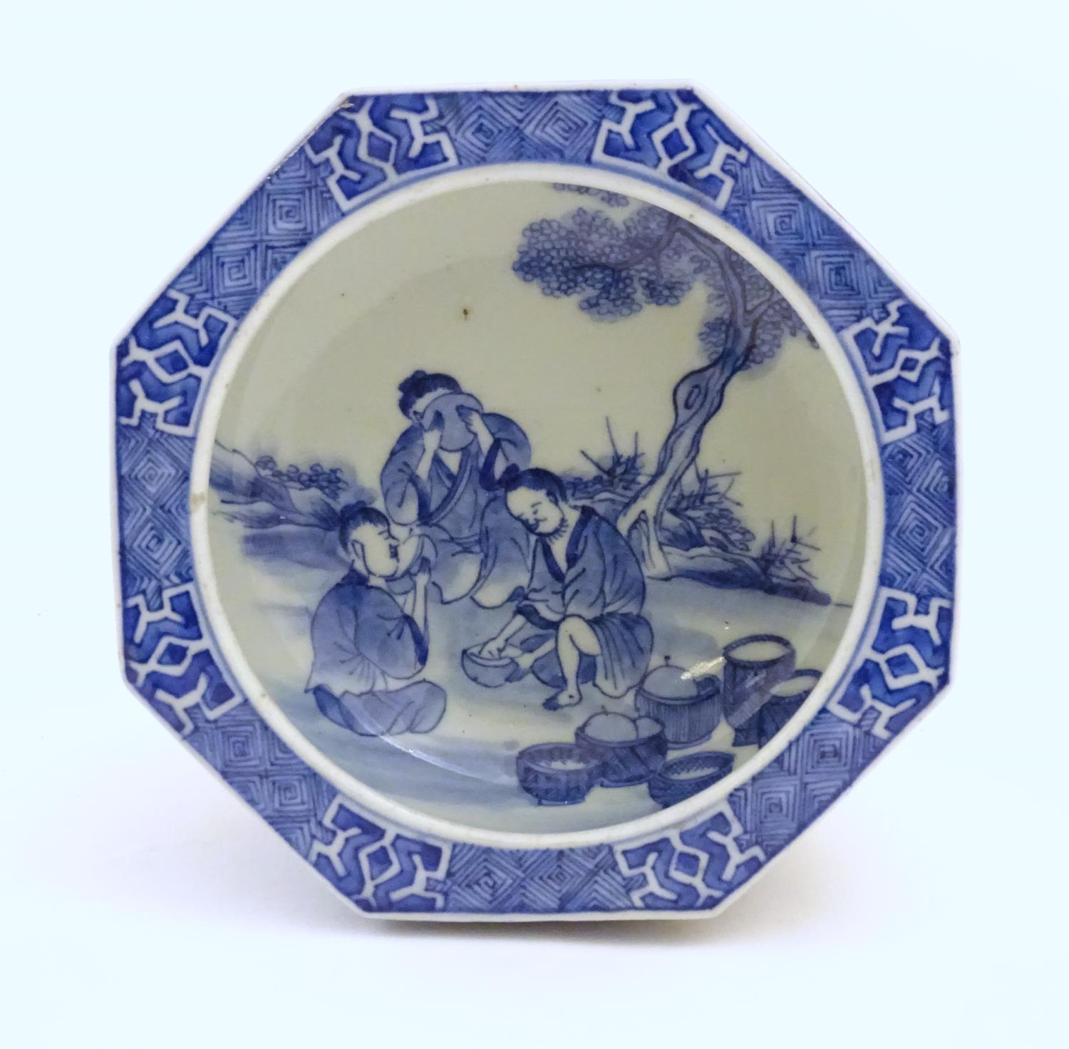 A Chinese blue and white octagonal pedestal bowl with panelled phoenix and dragon decoration. The - Image 8 of 8