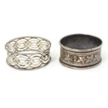 Two silver napkin rings, one with pierced latticework decoration hallmarked Birmingham 1910 maker