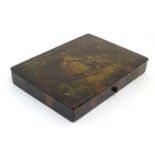 A 19thC lacquered papier mache paint box, the lid depicting a scene with Little Bo Peep and a sheep.