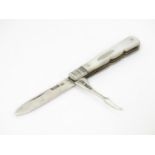A Victorian mother of pearl handled folding fruit knife and orange peeler with a silver blade, the