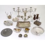 A quantity of assorted silver plate wares etc to include epergne, three branch candelabra, tazza,