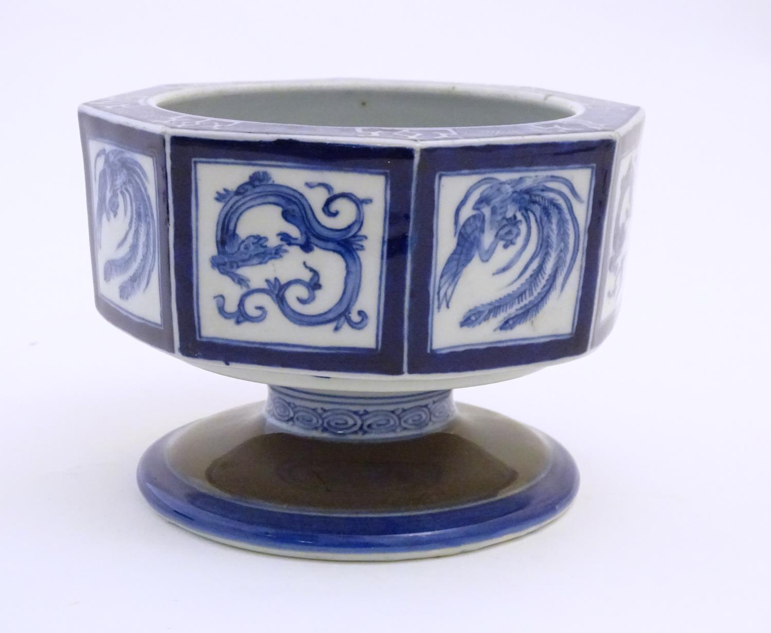 A Chinese blue and white octagonal pedestal bowl with panelled phoenix and dragon decoration. The - Image 4 of 8