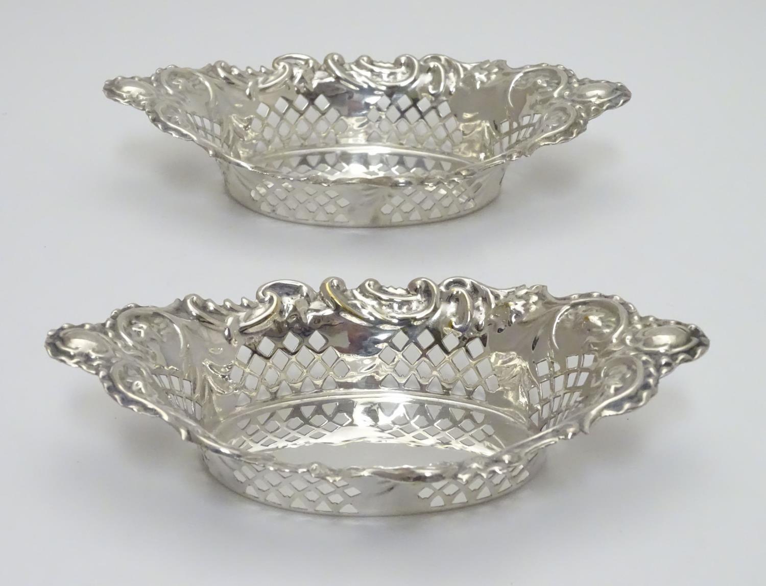 A pair of silver plate bon bon dishes with pierced decoration. Approx. 6" long (2) Please Note - - Image 4 of 5