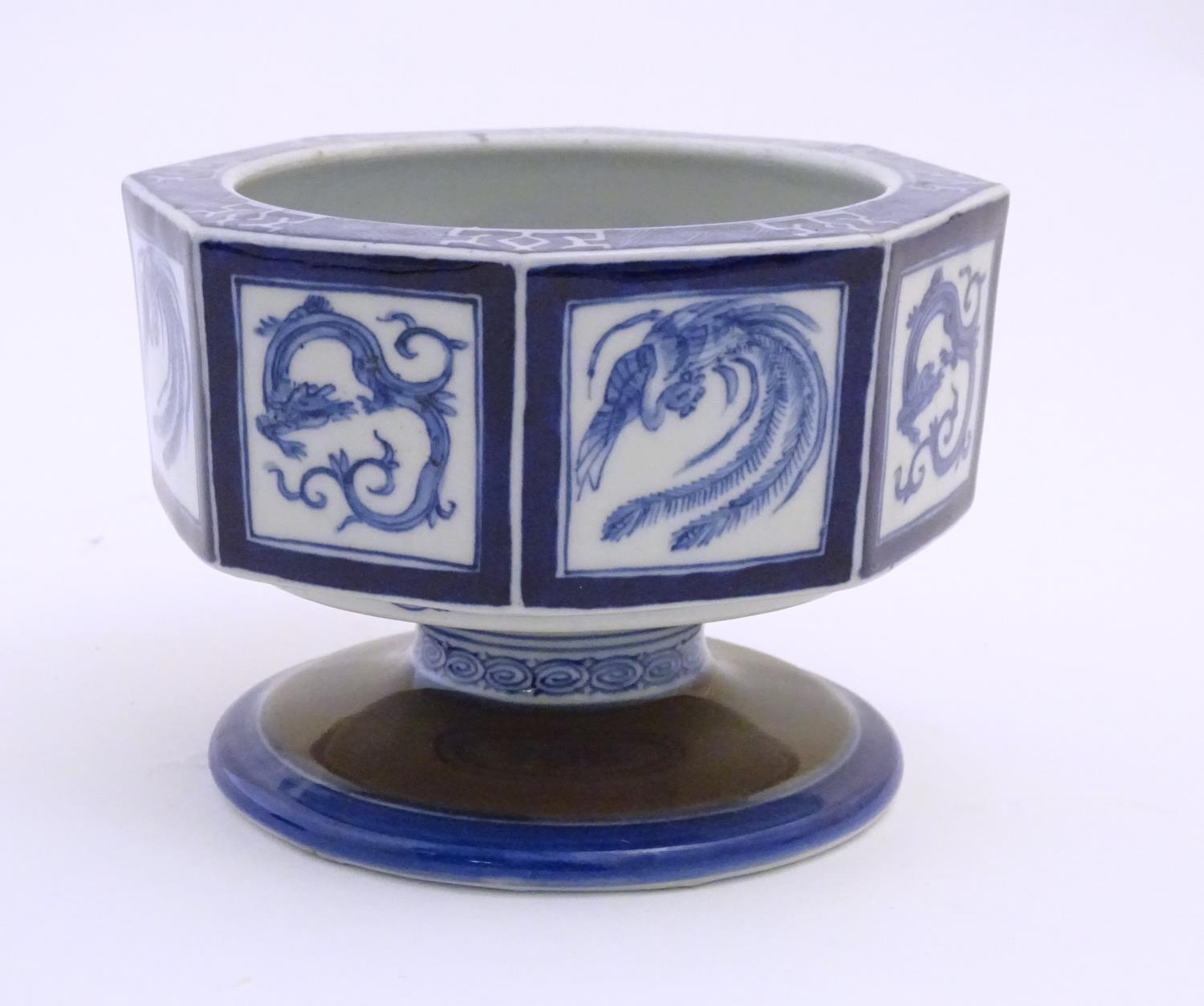 A Chinese blue and white octagonal pedestal bowl with panelled phoenix and dragon decoration. The - Image 3 of 8