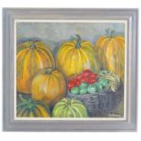 G. Zypakov, 20th century, Russian School, Oil on board, Still life with pumpkins / gourds and fruit.