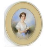 Indistinctly signed, 19th century, Pastel on paper, An oval portrait of a lady holding a book,