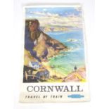 A British Railways poster, Cornwall, Travel by Train. Depicting a Cornish cove, after a painting