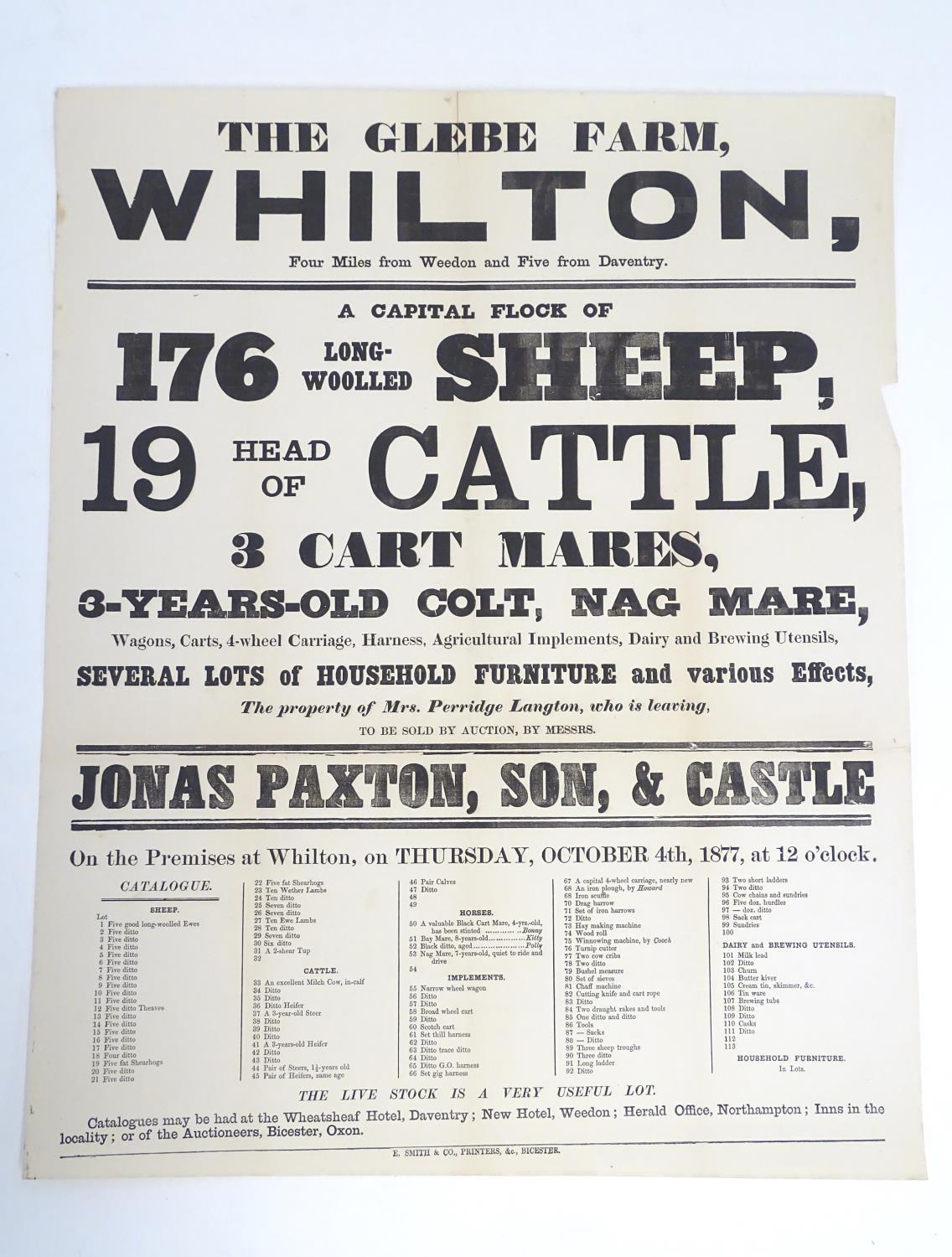 A Victorian auction advertising poster, The Glebe Farm, Whilton, Northants: livestock and horses,