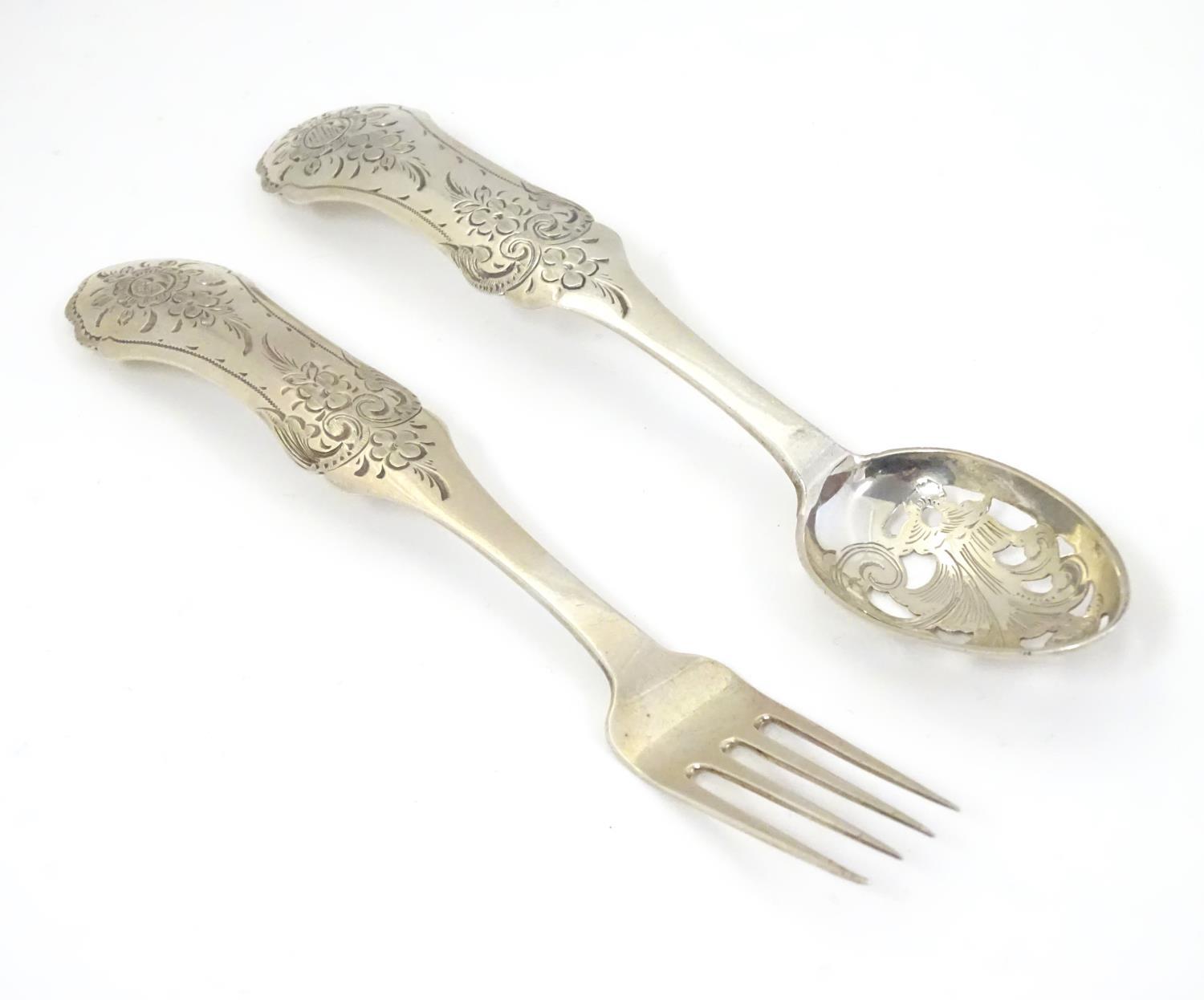 A 19thC Dutch silver spoon with pierced detail to bowl and fork with engraved decoration to handles. - Image 4 of 6