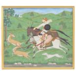 Indian School, 20th century, Gouache, Deer Hunt, Rajasthan, India. Two figures on horseback