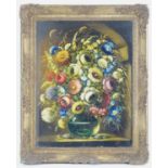 Rima, 19th / 20th century, Oil on board, A still life study of flowers in a vase on a ledge with