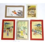 Five Oriental watercolours to include young students studying with a scholar, two depicting