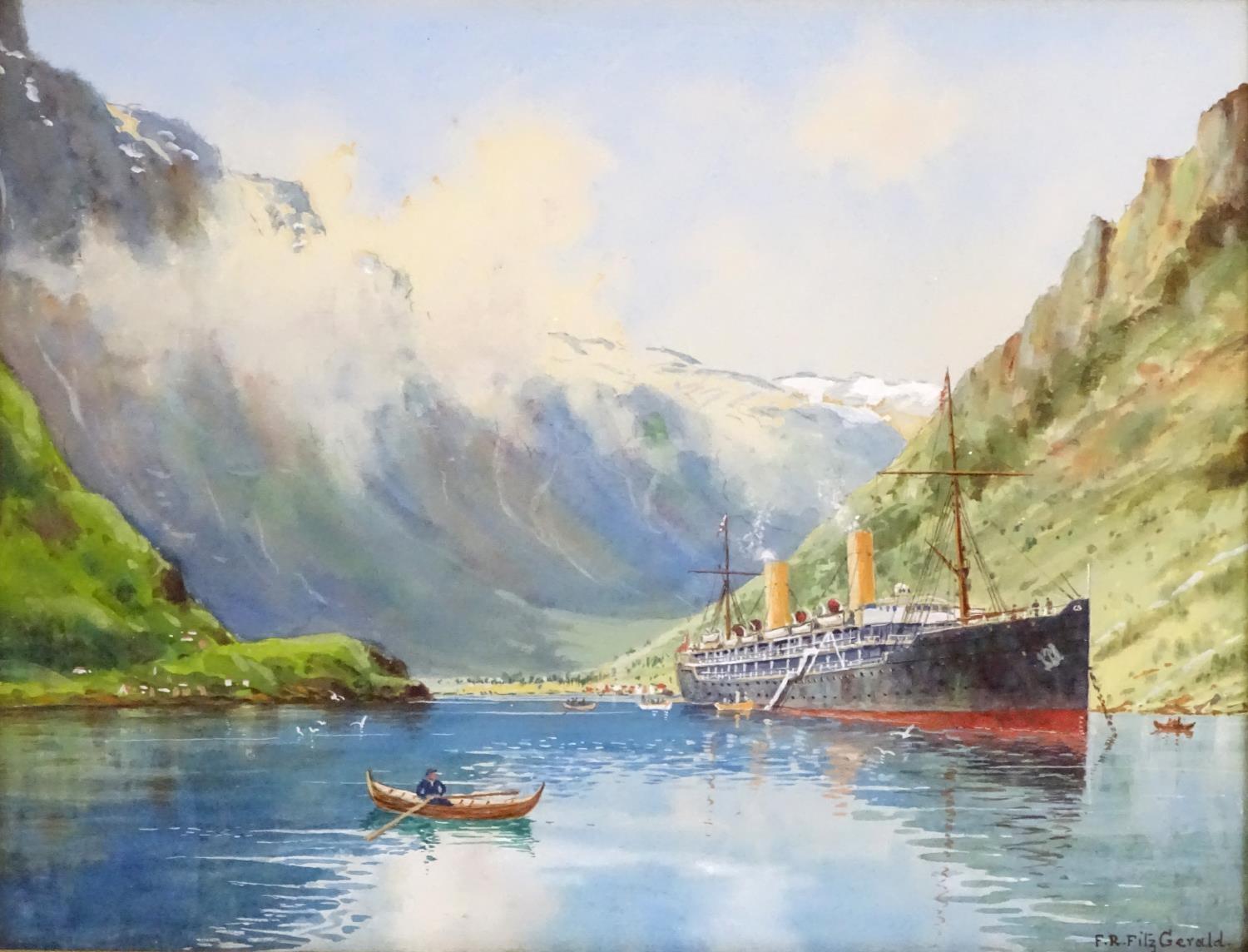 Frederick R. Fitzgerald (1869-1944), Watercolour, An ocean liner in a Fjord with rowing boats and - Image 3 of 4