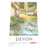 A British Railways poster, Devon, Travel by Train. Depicting a village with thatched cottages, a