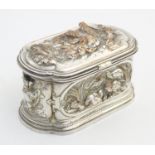 A French 19thC silver plate / electrotype jewel casket of shaped form, the top with relief